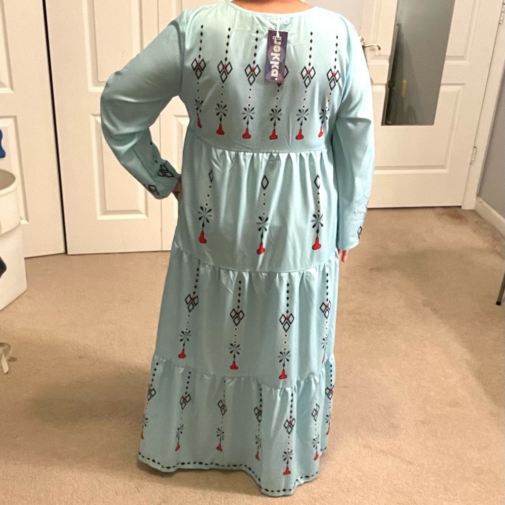 NWT Maxi dress, light blue/aqua, long sleeves, v-neck w/tassels, 3X, runs small - Picture 5 of 14
